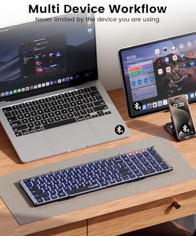 Proto Arc XK01 Plus Backlit Foldable Bluetooth Keyboard – Ultimate Portable Multi-Device Wireless Keyboard for Travel, Featuring Rechargeable Battery and Full-Size Design for i Pad, Tablet, Smartphone, Laptop, and PC Use