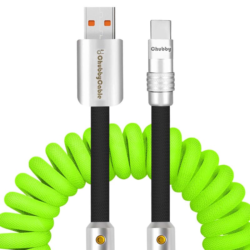 Experience Unmatched Charging Versatility with the Chubbycable Curly Chubby – 240 W High-Speed Retractable USB-C Cable, Extends 2.29 to 3.6 FT, Ideal for Car Play & Android Auto, Stylish Dark Blue and Green Coiled Design for Effortless Organization and Durability