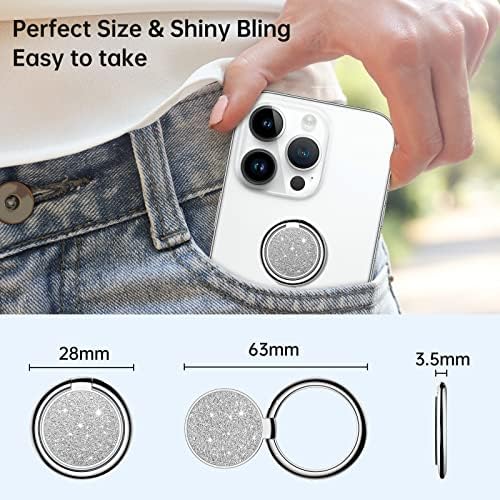 Sparkling 360° Rotation Phone Ring Holder – Bling Bling Finger Kickstand for Enhanced Grip and Stability – Premium Zinc Alloy Design for i Phone, Samsung, Pixel & All Smartphones – Secure Adhesive, Versatile Stand, and Magnetic Car Mount Compatible – Glitter Silver Finish for a Touch of Elegance