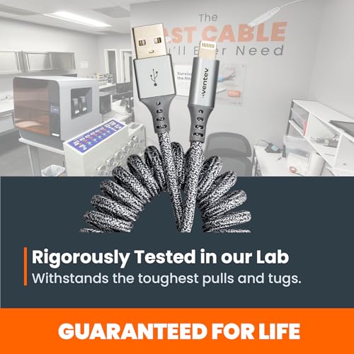 Ventev Helix 14-Inch Expandable i Phone Charging Cable | Tangle-Free Coiled USB-A to Lightning Cord | MFi Certified Fast Charger for Seamless Car Use | Durable Gray Design for Enhanced Compatibility and Efficiency