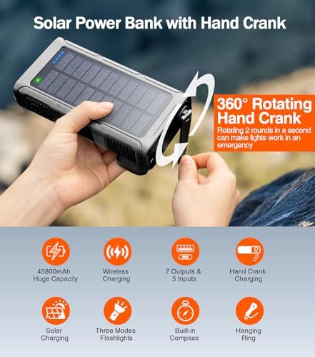 Ultimate 45800 m Ah Solar Wireless Power Bank with Hand Crank & Fast Charging – 7 Outputs, 4 Inputs, SOS Flashlight & Compass for Outdoor Adventures and Emergency Preparedness