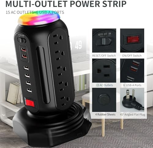 Maximize Your Power Potential with the 15-Outlet Surge Protector Tower Featuring 6 Fast-Charging USB Ports and LED Night Light – Retractable Heavy-Duty Extension Cord with Right Flat Plug for Effortless Accessibility and Enhanced Device Compatibility – Ideal Charging Station for Home and Office Use