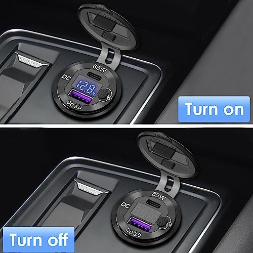 Qidoe 12 V USB Laptop Charger Socket – 65 W PD USB-C & 18 W QC3.0 Car Charger with Integrated Digital Voltmeter for Fast Charging in Cars, RVs, and Boats – Durable Aluminum Design for Enhanced Device Compatibility and Safety Monitoring