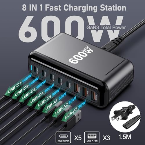 600 W Ga N III 8-Port USB C Fast Charging Hub – PD 3.1 140 W Laptop Charger for Mac Book Pro/Air, DELL, Steam Deck, i Phone 16/15/14, Galaxy S24 – Ultimate Power and Versatility for Home & Office Use – Safe, Compact, and Travel-Friendly Charging Solution