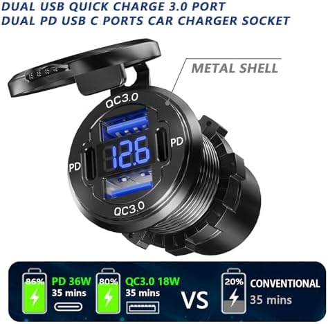 VANONE 12 V USB Outlet Charger – Dual 36 W Power Delivery & 18 W QC3.0 Ports for Fast Device Charging in Cars, Boats, RVs, ATVs, and More – Premium Aluminum Alloy Construction for Enhanced Durability and Universal Compatibility