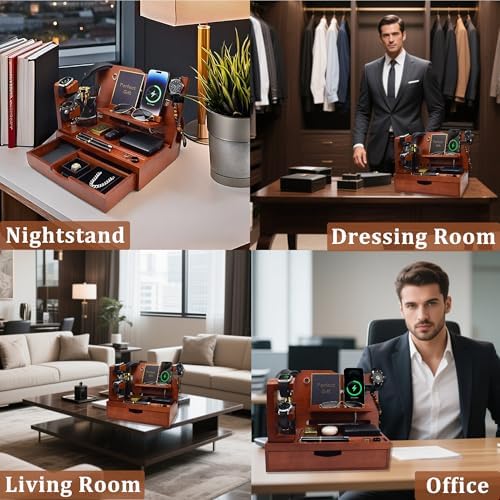 Nightstand Organizer for Men with Large Drawer, Birthday Gifts for Men, Phone Docking Station, Bedside Organizer for Nightstand for Apple Watch, Laptop (Brown, Solid Wood) – Enhanced Compatibility and Speed
