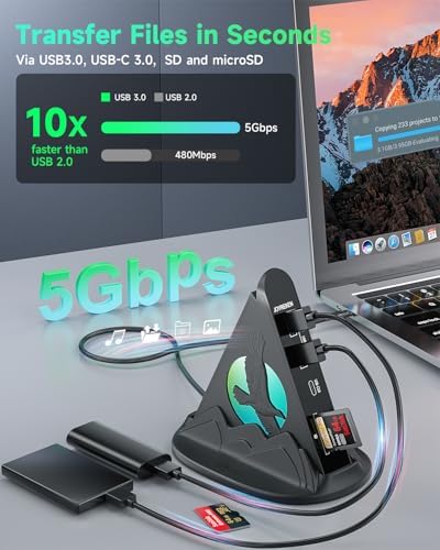 Experience Unmatched Connectivity with the 8-in-1 USB C Hub Multiport Adapter – 4 K HDMI Output, 100 W Power Delivery, and Vibrant RGB Lighting for Mac Book, Surface & i Mac – Effortless File Transfers with USB-A 3.0, USB-C, and SD Card Reader – Your Go-To Accessory for Enhanced Productivity and Seamless Device Integration