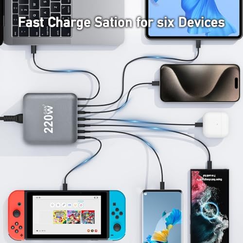 Ultimate 220 W USB Charging Hub – 6-Port Fast Charging Station with 4 PD USB-C and 2 QC USB-A for Universal Device Compatibility – Streamlined Charging Solution for Phones, Laptops, Tablets, and More – Ideal for Home, Office, or Travel