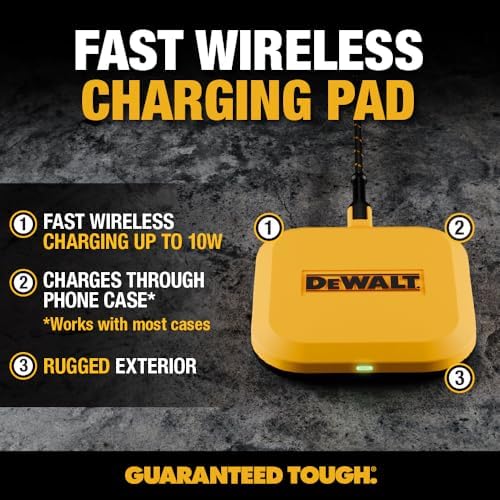 DEWALT Heavy Duty 10 W Fast Wireless Charging Pad – Ultimate Portable Charging Station for i Phone 16/15/14/13/12/11/X/8 Pro Max & Samsung Galaxy S22/S21 – Includes Type C Cable & AC Adapter for Seamless Compatibility – Perfect for Home & Office Use