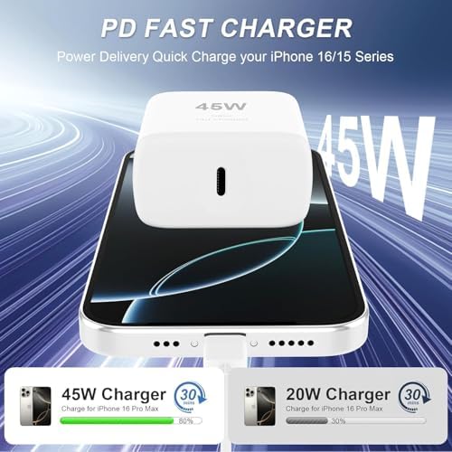 High-Efficiency 45 W USB-C Charger for i Phone 16 Pro Max – Rapid Charging Block with 6.6 FT Type C Cable, Universal Compatibility with i Pad and Galaxy Devices, Sleek Portable Design for On-the-Go Power Solutions