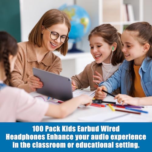 AU&MU 100 Pack Kids Wired Earbuds – Durable Silicone Comfort for Classrooms & Camps, Lightweight 3.5 mm Headphones for Enhanced Learning and Focus, Perfect for Young Learners’ Audio Adventures, Versatile Earphones for Home Use