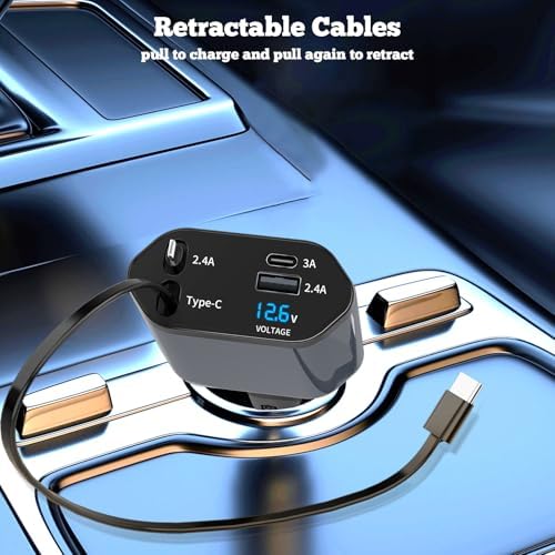 Ultimate 4-in-1 Retractable Car Charger for Fast Multi-Device Charging – Compatible with i Phone & Android, Featuring Advanced Safety Mechanisms and Real-Time Voltage Monitoring for Optimal Performance, 1-Pack – Perfect for Road Trips & Daily Commutes
