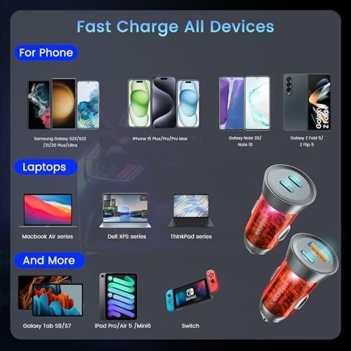 90 W Dual-Port USB C Fast Car Charger 2-Pack – PD 45 W & QC 45 W Quick Charge Adapter for Samsung Galaxy S25 Ultra, i Phone 15, and More – Ultimate Compatibility & Safety Features for Efficient On-the-Go Power