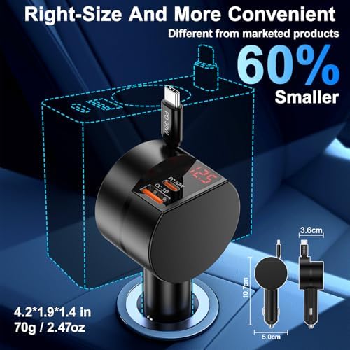 Dual-Port Retractable Car Charger Bundle – 3-in-1 Fast Charging Solution for i Phone 16/15 Pro Max, Samsung Galaxy, i Pad, and Pixel – Tangle-Free USB-C and USB-A Adapter for Ultimate Convenience on the Road