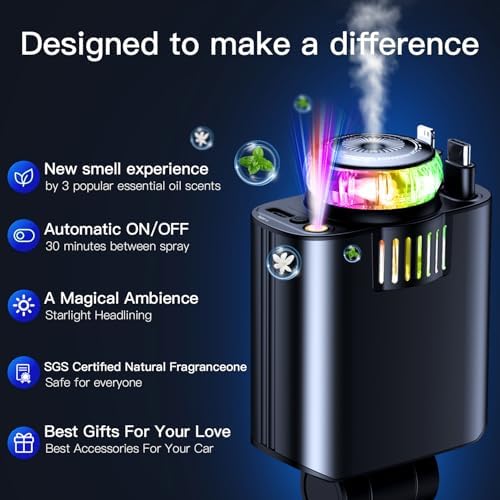 ORDA Starlight Retractable Car Charger & Essential Oil Diffuser – Fast USB-C Charging for i Phone 16/Pro Max/15/14/13/12/11, Samsung Galaxy S24/S23/S22/S21, Google Pixel – Dual Functionality for a Relaxing Drive with Aromatherapy Benefits