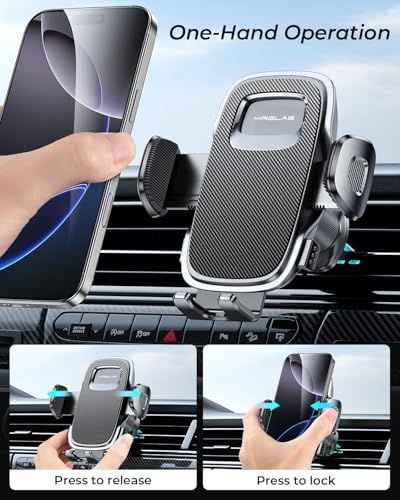 Universal Smartphone Air Vent Car Mount with Dual Metal Hook for Secure One-Hand Use – Sleek Black Design for i Phone & Android Devices, Effortless Navigation & 360-Degree Rotation, Essential Driving Accessory for Safety and Convenience