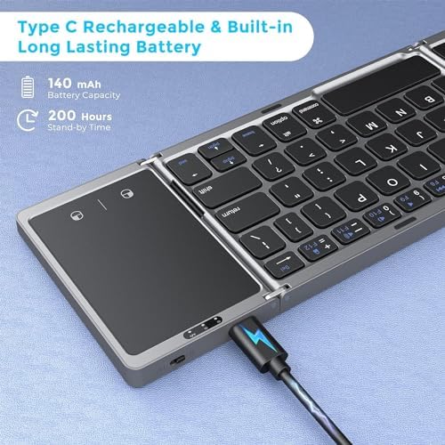 Portable Tri-Fold Bluetooth Keyboard with Touchpad – Rechargeable Multi-Device Wireless Companion for Laptops, i Pads, and Smartphones – Perfect Travel Accessory for Windows, i OS & Android Users – Enhance Your On-the-Go Productivity