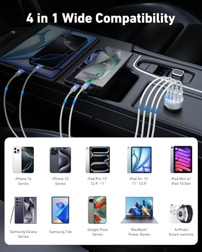 4-Port USB C Car Charger with 90 W Super Fast Charging for i Phone 16/16 Pro Max & Android Devices – Dual USB-C & USB-A Adapter with 3 FT Cable for Seamless On-the-Go Power Supply – Ideal for Road Trips and Family Use