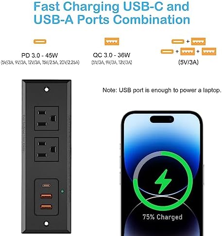 Revolutionize Your Charging Setup with the CCCEI Recessed Power Strip Featuring 20 W USB-C Fast Charging and USB-A Port – Sleek Hidden Outlet Solution for Side and End Tables, Complete with 6 FT 45-Degree Flat Plug for Effortless Installation and Enhanced Device Compatibility