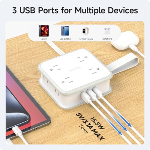 Maximize Connectivity with NTONPOWER 8-Outlet Flat Extension Cord & 3 USB Ports – 6 FT Wall-Mounted Power Strip for Home, Office, and Dorm Use – Space-Saving Design with Surge Protection and High-Speed Charging for All Your Devices