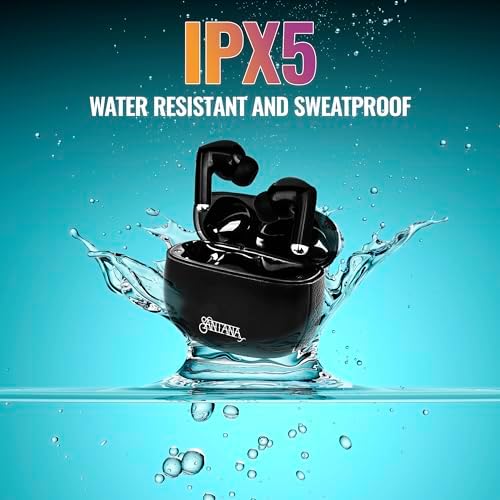 SANTANA BY CARLOS SANTANA Rio Wireless Bluetooth Earbuds – Immersive Sound Quality with 64-Hour Playback, 100-Hour Standby, IPX5 Waterproof Rating, Compact USB Charging Case, LED Battery Indicator & Voice Assistant Support – The Definitive Audio Solution for Active Lifestyles in Elegant Black