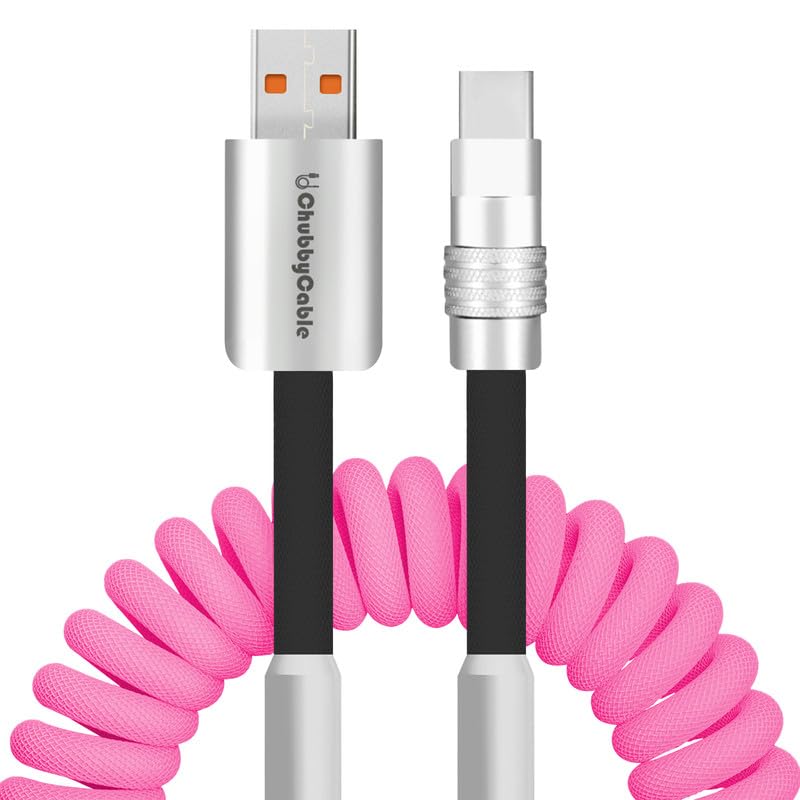 Dynamic Curly Chubby Coiled USB C Cable: 240 W Fast Charge Retractable Spiral Braid Cord for Carplay & Android Auto, Versatile Length 2.29 FT to 3.6 FT, Sleek Black and Red Design, Enhanced Compatibility for All USB-A to Type-C Devices