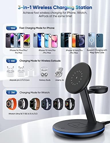 Ultimate 3-in-1 Mag-Safe Charging Station for Apple Devices – Rapid Wireless Charger for i Phone 16/15/14/13/12, Apple Watch Series 10-2 SE & Air Pods Pro/4/3/2 – Modern Design for Enhanced Charging Efficiency Transform your charging routine with our advanced 3-in-1 Mag-Safe Charging Station, expertly designed to provide rapid power for your i Phone, Apple Watch, and Air Pods. Featuring high-speed wireless technology, this sleek charging hub eliminates clutter while enhancing your workspace’s aesthetics. Benefit from innovative magnetic alignment that guarantees secure device placement and stability during charging sessions. Constructed from premium, durable materials, this versatile charger not only optimizes performance but also seamlessly complements your home or office decor. Ideal for busy professionals, tech enthusiasts, and anyone looking for a streamlined charging solution, this multifunctional station combines efficiency, style, and convenience in one powerful package. Say farewell to tangled cables and elevate your charging setup to new heights with this all-inclusive charging solution that meets the demands of modern lifestyles.
