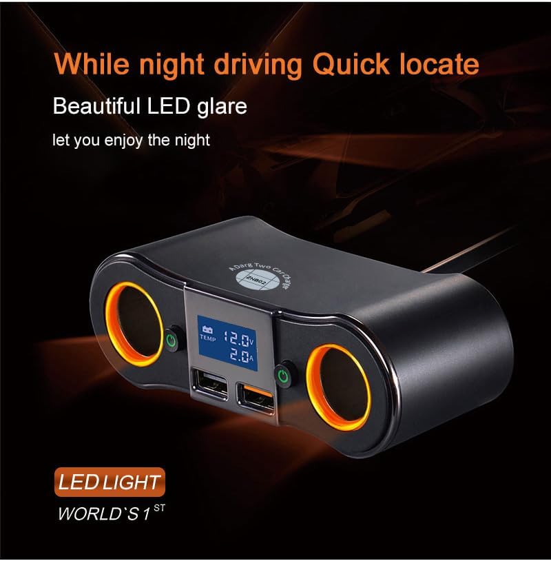 Dual USB Quick Car Charger Adapter with 2 Socket Cigarette Lighter Splitter – LED Voltage Display & Eco-Friendly On/Off Switch for Enhanced Device Charging and i Phone Compatibility