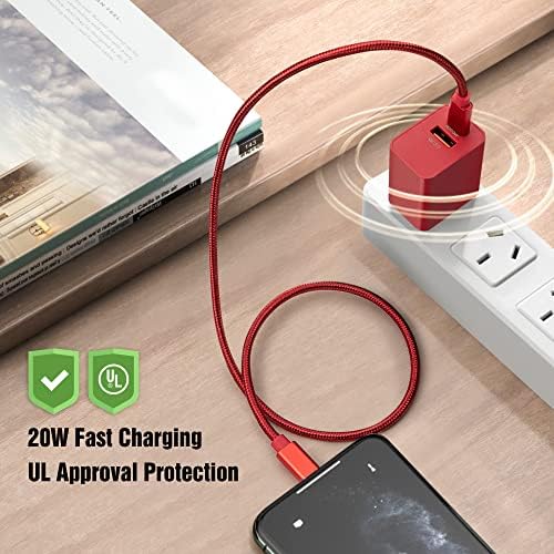 20 W Fast Charging USB C Wall Charger Duo – Dual Port USB-C & USB-A Power Adapter with 2 ft Cable for i Phone 14/13/12/11 Pro Max, Google Pixel, Galaxy & More – Sleek Red Design for Enhanced Compatibility and Speed