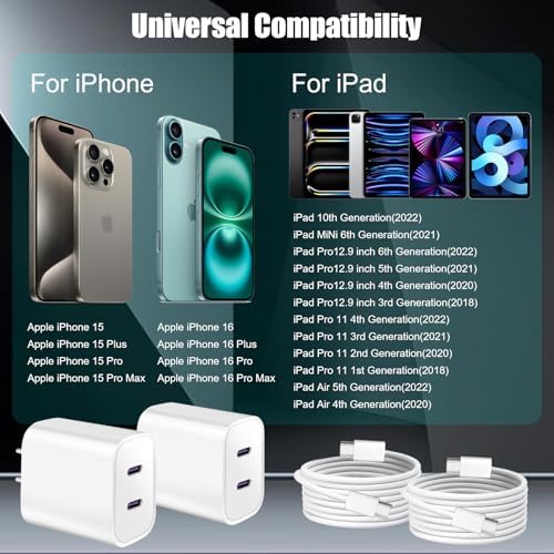 Ultra-Fast Dual Port USB-C i Phone Charger with 10 FT Quick Lightning Cables – High-Efficiency Charging Block for i Phone 14 Pro Max, 13 Pro, 12, 11, XS, XR, 8, SE – Ideal for Home and Travel, 2-Pack for Maximum Convenience and Speed