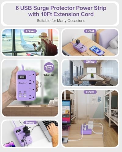 International Travel Power Adapter with 6 USB Ports and 4 AC Outlets – Versatile Plug Converter for European Destinations Including UK, France, Italy, and Germany – Compact 3 ft Extension Cord with Surge Protection for Enhanced Device Safety and Charging Efficiency