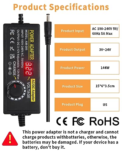 Versatile AOYADAISU 120 W Adjustable DC Power Supply with 14 Tips & Polarity Converter – Perfect for Fast Charging LED Strip Lights, Cameras, and More – 3 V-24 V Output with 5 A Maximum Current for Ultimate Compatibility and Performance