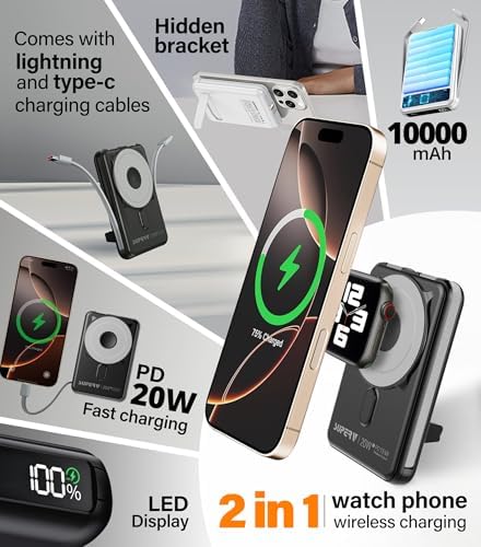 Magnetic 10000 m Ah Portable Charger Power Bank with LED Display – Fast Charging, Built-in Cables, Stylish Purple Design – Compatible with i Phone 16/15 Pro Max, Samsung Galaxy S24/S23, and Apple Watch – Ultimate Convenience for On-the-Go Users
