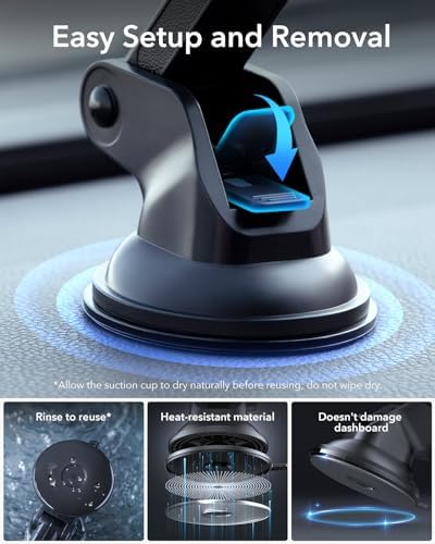 ESR Magnetic Dashboard Phone Holder for Car – Ultimate Mag Safe Mount for i Phone 12-16 & Samsung Devices – Secure Windshield Vacuum Grip with 2 Metal Rings – Sleek, Hands-Free Access for GPS & Calls – Essential Car Accessory for Safe Driving