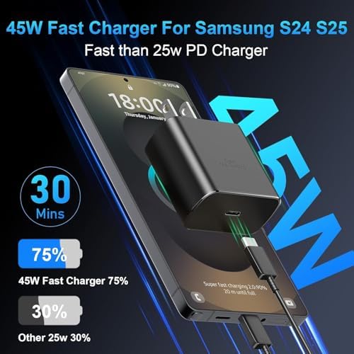 Dual 45 W Samsung Fast Charger Set with 6 ft USB C Cables for Galaxy Devices – Ultimate Rapid Charging Solution for S25, S24, S23, Note Series – Enhanced Performance and Portability for Busy Users
