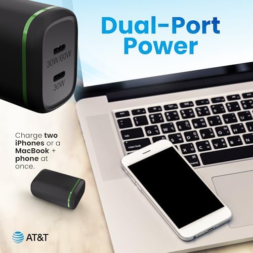 AT&T 60 W Dual USB-C Power Delivery Wall Charger – Efficient Rapid Charging for Smartphones, Tablets, and Laptops with Safety Features – Compact & Portable Dual Device Adapter for Home and Office Use