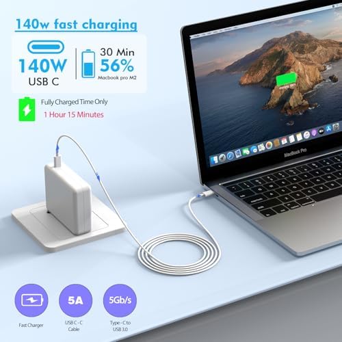 High-Speed 140 W USB-C Charger for Mac Book Pro & All USB-C Devices – 10 ft MFI-Certified Charging Cable – Ultra-Fast Power Adapter for Laptops, Tablets & Smartphones – Reliable, Safe & Efficient Solution with 30,000 Bends Durability – Perfect for Home, Office & Travel Charging Needs – Rapid Charge Your Mac Book Pro 16/15/14/13, Mac Book Air, i Pad Pro M1/M2/M3 & More – Versatile Compatibility Ensuring Optimal Performance Across Devices – Maximize Charging Efficiency with Up to 96% Efficiency Rate – Built-in IC Chip for Comprehensive Safety Protection Against Over-Current, Short-Circuit & Over-Voltage – Experience the Ultimate Charging Convenience Anywhere You Go
