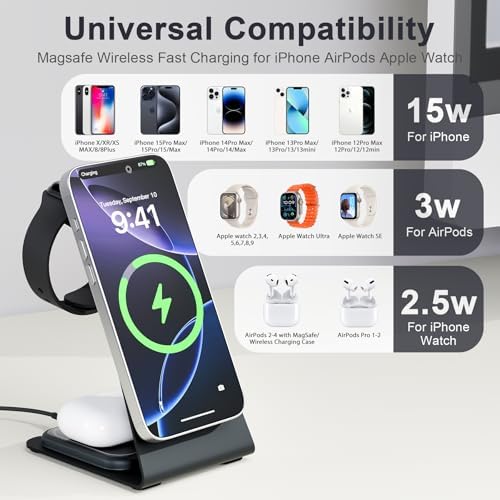 Ultimate 3-in-1 Magnetic Wireless Charging Station: Rapid 15 W Charger for i Phone 16/15/14/13/12 Pro Max, Apple Watch Ultra, and Air Pods Series – Portable Desk Dock with Adjustable Night Light for Home, Office, and Travel – Enhanced Compatibility and Safety Features