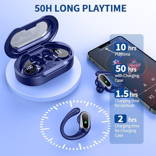 Rolosar Bluetooth 5.4 Sport-Optimized Wireless Earbuds – IP7 Waterproof with Advanced ENC Noise Cancellation, Ergonomic Earhooks for Ultimate Comfort, Dual LED Battery Indicator, 50-Hour Playback – Ideal for Running, Fitness, and Everyday Use
