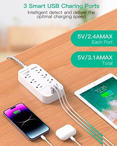 10 FT Flat Plug Power Strip with 6 Outlets and 4 USB Ports – Overload Protection Surge Protector for Home & Office – Versatile Wall Mount Desktop Charging Station for Efficient Power Management and Fast Device Charging