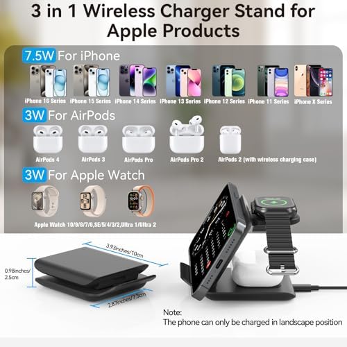 Geyo 3-in-1 Foldable Wireless Charging Station for Apple Devices – Fast Charge Your i Phone 16/15/14/13/Pro Max/Pro/Plus/Mini, Air Pods 2/3/Pro, and Apple Watch Ultra/9/8/7/SE/6/5/4 – Ultimate Convenience and Portability for Modern Users