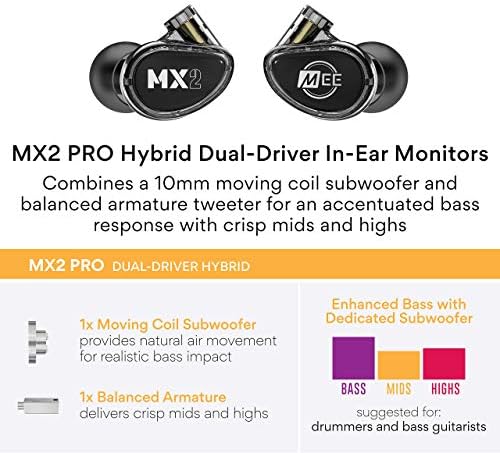MEE audio MX1 PRO Dynamic Driver In-Ear Monitor Headphones – Professional Quality Sound Isolation Earbuds with Memory Wire Comfort, Detachable Cables, and Transparent Design for Musicians and Audiophiles – Exceptional Audio Clarity for Live Performances and Studio Sessions