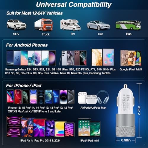38 W Dual-Port USB C Car Charger – Fast Charging Adapter for i Phone, Samsung & Google Pixel – Compact Cigarette Lighter Charger – 5-Pack for Ultimate Compatibility & Convenience on the Go