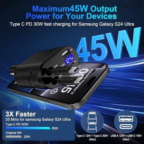 Ultimate 4-in-1 Retractable Car Charger for i Phone 16 e and Samsung Galaxy S Series – 45 W USB-C Fast Charging Adapter with Tangle-Free Design for Seamless Device Compatibility on the Go