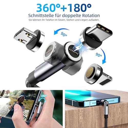 Revolutionize Your Charging with the 540° Magnetic Rotation Cable – 3 in 1 Fast Charger for i Phone, Micro USB & Type C – 4-Pack (3 ft, 3 ft, 6 ft, 10 ft) – Superior Data Transfer & Ultimate Compatibility for Effortless Power Anywhere