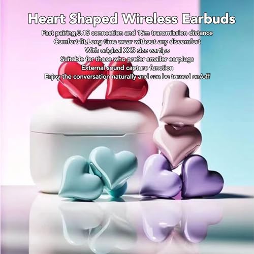 Heart-Shaped Bluetooth 5.3 Earbuds for Couples – Stylish Purple Wireless Earphones with Exceptional Hi-Fi Stereo Sound, Advanced Noise-Canceling Technology, and Portable Charging Case for Active Lifestyles and Romantic Escapes