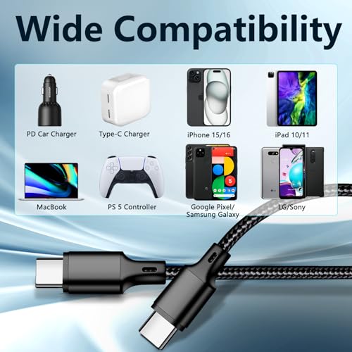 High-Speed 10 FT USB C to USB C Charger Cable – Durable Nylon Braided 3-Pack for Rapid 60 W Charging – Compatible with i Phone 15/16, i Pad Pro, Mac Book, Samsung & Google Devices – Sleek Black Design for Ultimate Flexibility and Reliability