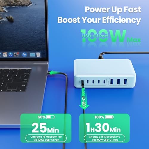 Revolutionary 300 W Ga N IV Technology USB-C Charging Hub – 8-Port Multi-Device Charger for Mac Book Pro/Air, DELL Laptops, i Phone 16/15/14 & Galaxy S25 – Sleek Navy Finish for Enhanced Home & Office Efficiency – Your Premier Solution for Rapid Device Power and Seamless Connectivity