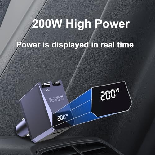 Aftertop 200 W Retractable USB-C Car Charger: 3-in-1 Fast Charging Solution with 2.3 ft Cable & Power Display for Mac Book Pro, i Phone 16/15, Galaxy S25/S24 Ultra – Ultimate Portability & Speed for All Your Devices