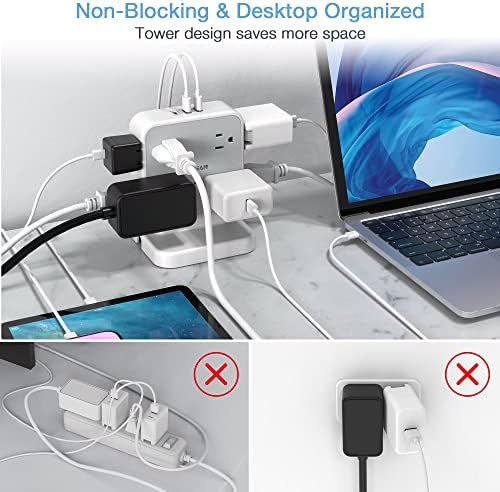 TESSAN Power Strip Tower Surge Protector: 8 AC Outlets & 3 USB Ports (1 USB-C) with 900 Joules Protection, 5 FT Flat Plug Extension Cord – Ultimate Desk Charging Station for Home Office and Dorm Room Efficiency